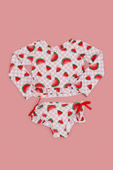 ONE IN A MELON DREAM TWO PIECE RASH GUARD RUFFLE SWIM SUIT