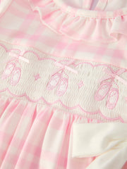 Pink Plaid Ruffle Ballet Shoe Embroidery Long Sleeve Dress