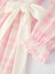 Pink Plaid Ruffle Ballet Shoe Embroidery Long Sleeve Dress