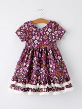 Retro Floral Print Short Sleeve Girls Dress with Pockets