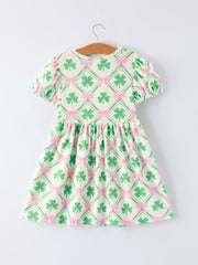 St. Patrick's Day Bow Shamrock Print Short Sleeves Girls Dress