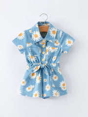 Spring Daisy Print Girls Blue Denim Jumpsuit