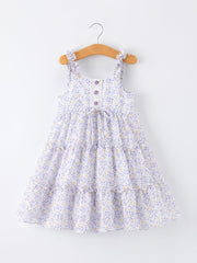 Spring Floral Girls Ruffle Bow Spaghetti Strap Dress