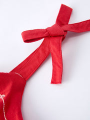 Red Color Girl Bow Strap Ruffle Dress