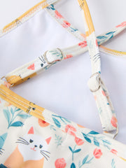 Summer Cat Print Girls Two Piece Swimsuit
