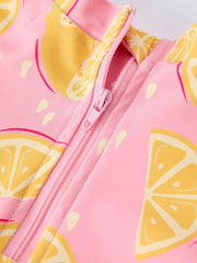 Summer Lemon Print Girl Long Sleeve Ruffle One Piece Swimsuit
