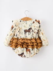 Western Horse Girls Romper Bow Ruffle Long Sleeve