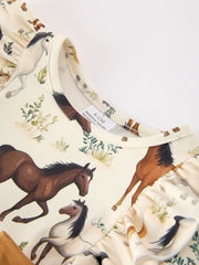 Western Horse Girls Romper Bow Ruffle Long Sleeve