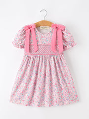 Pink Bow Smocked Floral Girl Dress