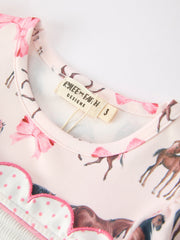 Western Horse Smocked Girls Dress Bow Ruffle Short Sleeve