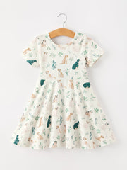 Neutral Puppy Floral Twirl Girls Dress