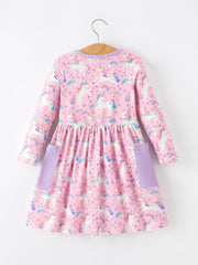 Pink Unicorn Girls Pocket Dress Rainbow Star Print