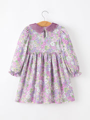 Purple Floral Girls Dress Velvet Collar Bow Long Sleeve Dress