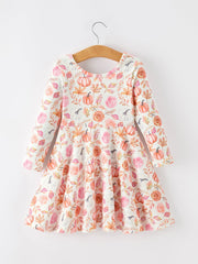 Thanksgiving Pumpkin Floral Girls Twirl Dress