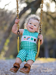 St. Patrick's Day shamrock Smocking Embroidered Green Plaid Boys' Romper