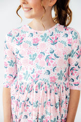 Softly Blooming 3/4 Sleeve Pocket Twirl Dress