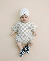 Short Sleeve Bubble Romper | Checkered Smiley Latte
