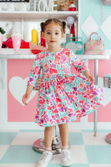 Watercolor Hearts 3/4 Sleeve Pocket Twirl Dress