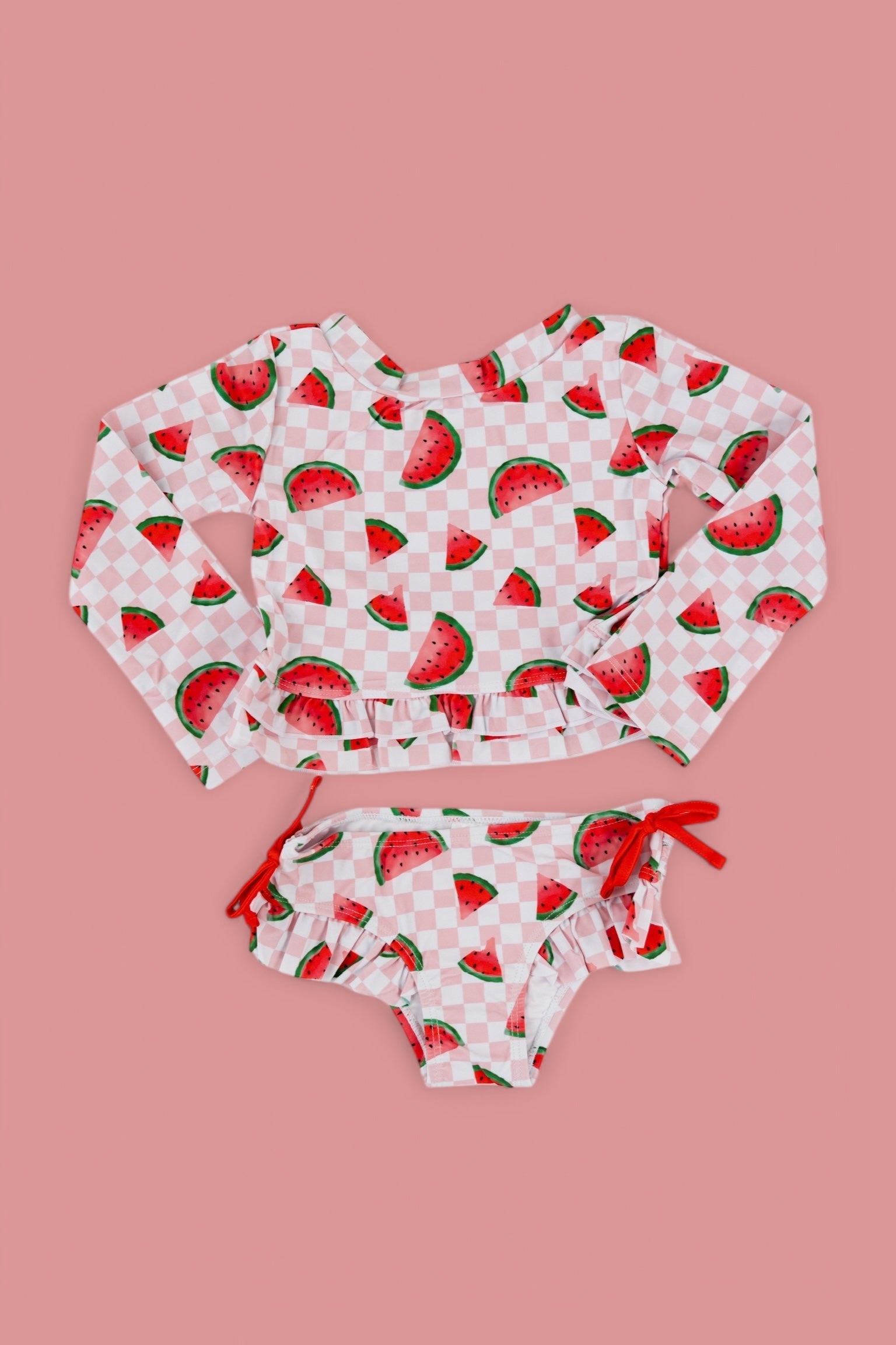 ONE IN A MELON DREAM TWO PIECE RASH GUARD RUFFLE SWIM SUIT