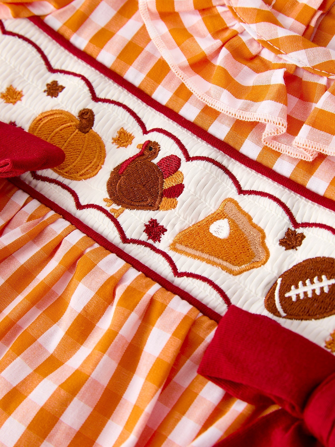 Turkey Fall Embroidered Romper for Baby Girls – Orange Checkered with Halloween Details