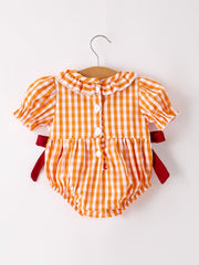 Turkey Fall Embroidered Romper for Baby Girls – Orange Checkered with Halloween Details