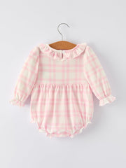 Pink Plaid Ruffle Ballet Shoe Embroidery Long Sleeve Romper