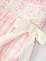 Pink Plaid Ruffle Ballet Shoe Embroidery Long Sleeve Romper