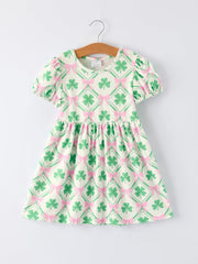 St. Patrick's Day Bow Shamrock Print Short Sleeves Girls Dress