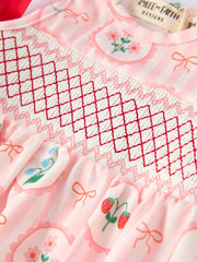 Spring Pink Floral Bow Smocked Girl Romper
