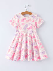 Spring Easter Bunny Bow Print Girls Short Sleeves Dress