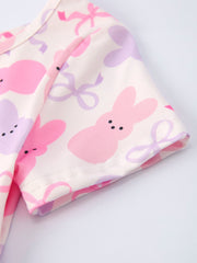 Spring Easter Bunny Bow Print Girls Short Sleeves Dress