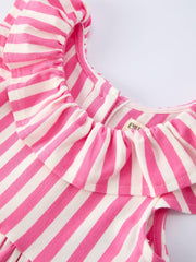 Spring  Pink Striped Ruffled Girls' Dress with Hat
