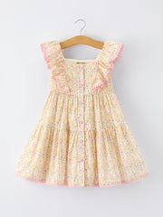 Spring Floral Girls Ruffle Dress With Bow Straw Hat Set