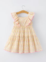 Spring Floral Girls Ruffle Dress With Bow Straw Hat Set