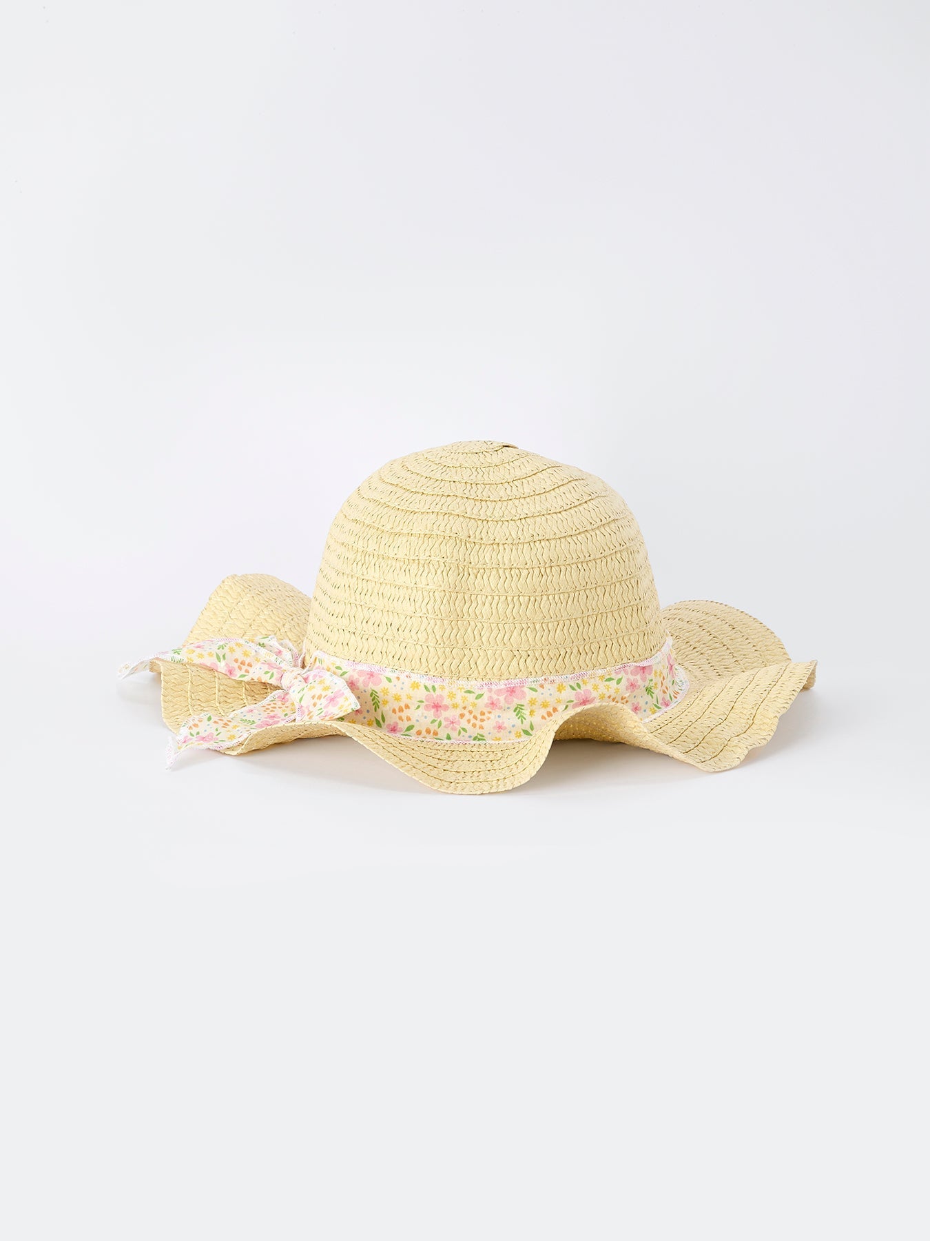 Spring Floral Girls Ruffle Dress With Bow Straw Hat Set
