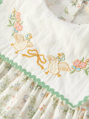Vintage Floral Duck Embroidery Spring Girl Dress