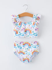 Summer Rainbow Print Ruffle Baby Girl Swim Set