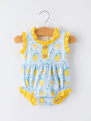 Summer Lemon Floral Print Girl Sleeveless Ruffle Romper