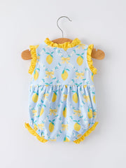 Summer Lemon Floral Print Girl Sleeveless Ruffle Romper
