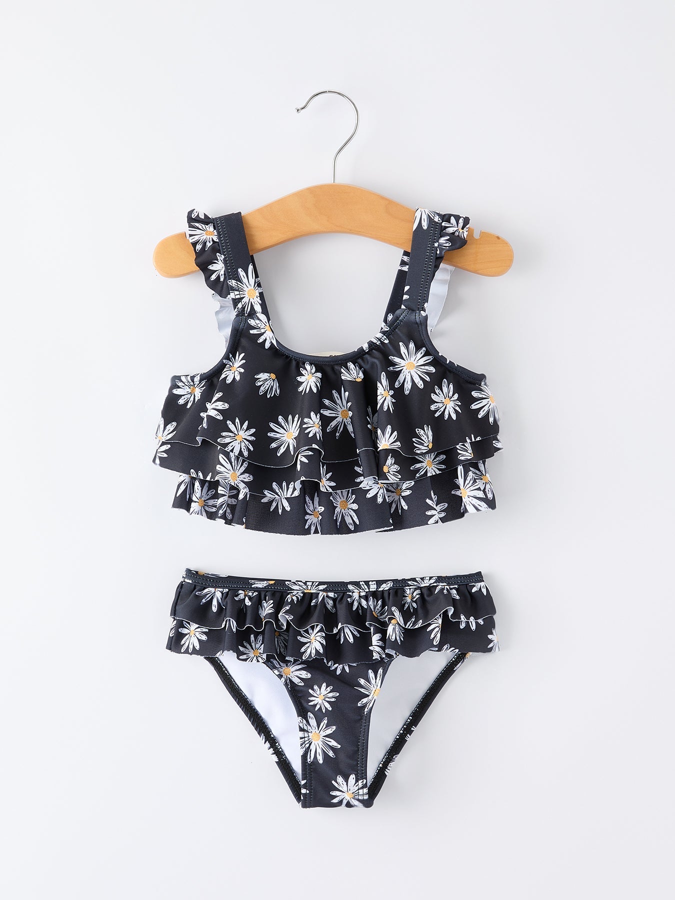 Summer Black Floral Girl Two Piece Swimsuit and Cover-up Set