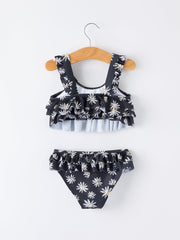 Summer Black Floral Girl Two Piece Swimsuit and Cover-up Set