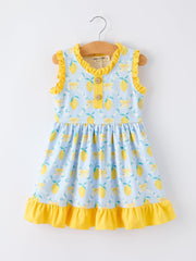 Summer Lemon Floral Print Girl Sleeveless Ruffle Dress