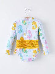 Summer Seahorse Print Girl Long Sleeve Ruffle One Piece Swimsuit