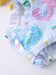 Summer Seahorse Print Girl Long Sleeve Ruffle One Piece Swimsuit
