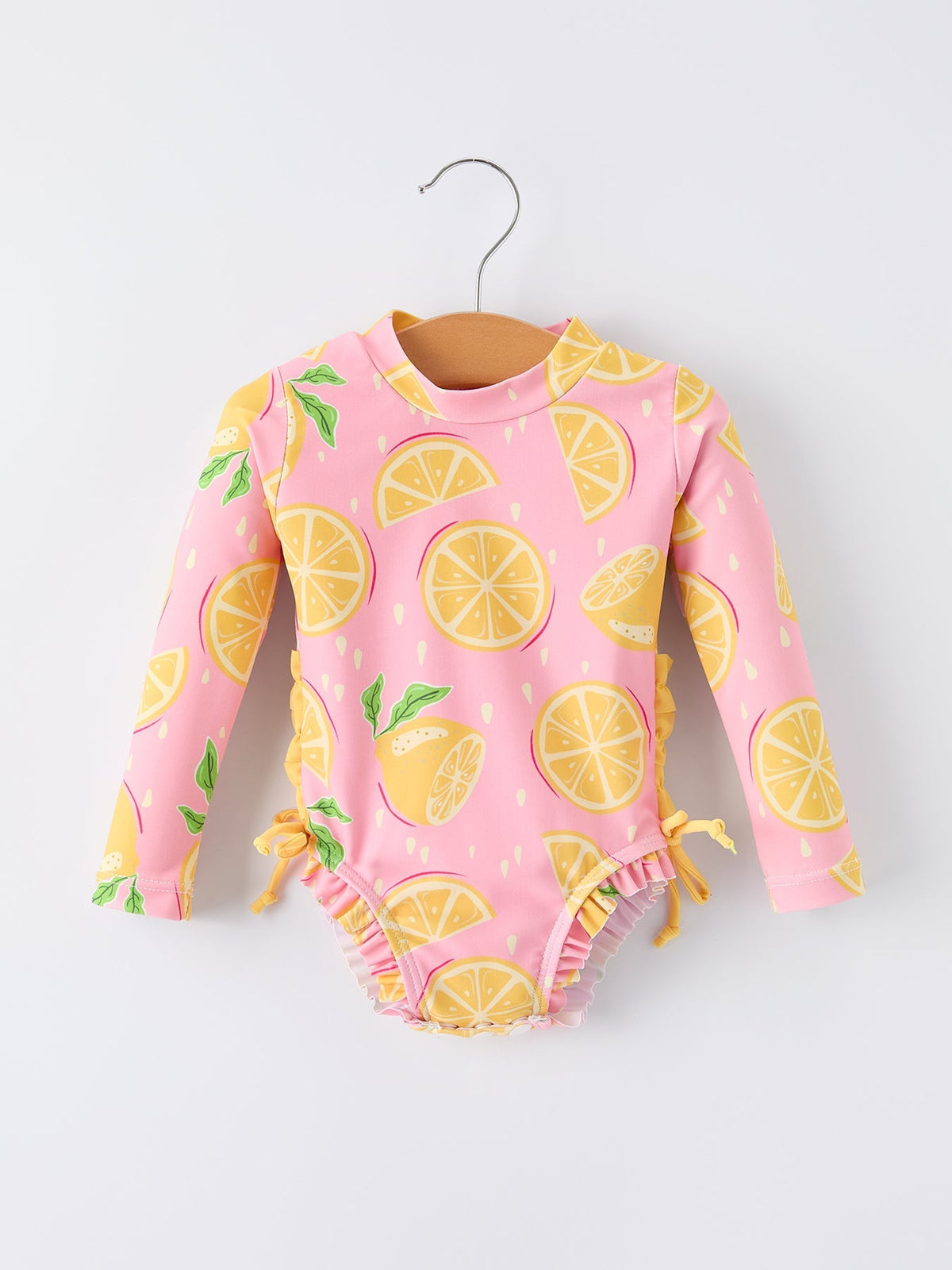 Summer Lemon Print Girl Long Sleeve Ruffle One Piece Swimsuit
