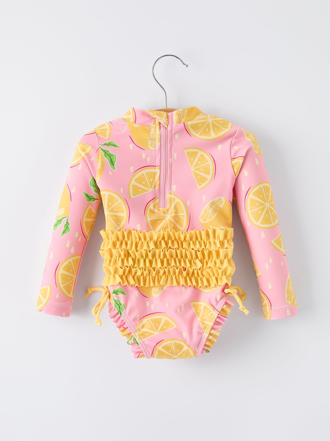 Summer Lemon Print Girl Long Sleeve Ruffle One Piece Swimsuit