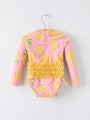 Summer Lemon Print Girl Long Sleeve Ruffle One Piece Swimsuit