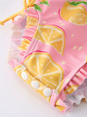 Summer Lemon Print Girl Long Sleeve Ruffle One Piece Swimsuit