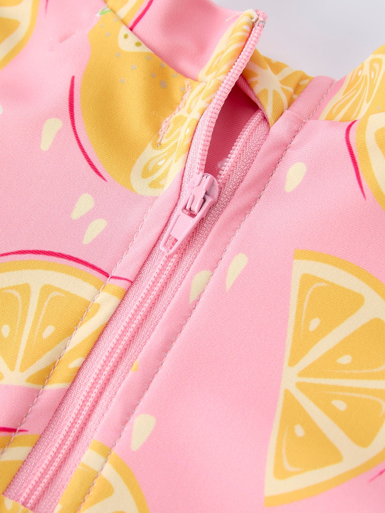 Summer Lemon Print Girl Long Sleeve Ruffle One Piece Swimsuit