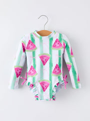 Summer Watermelon Print Girl Long Sleeve Ruffle One Piece Swimsuit